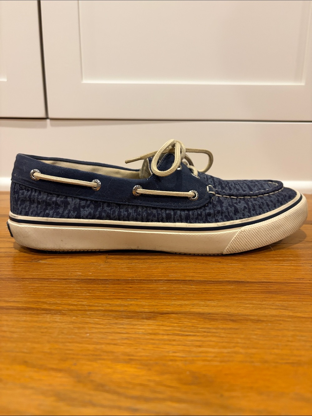 Sperry Navy Patterned Canvas Boat Shoes with Cream Laces